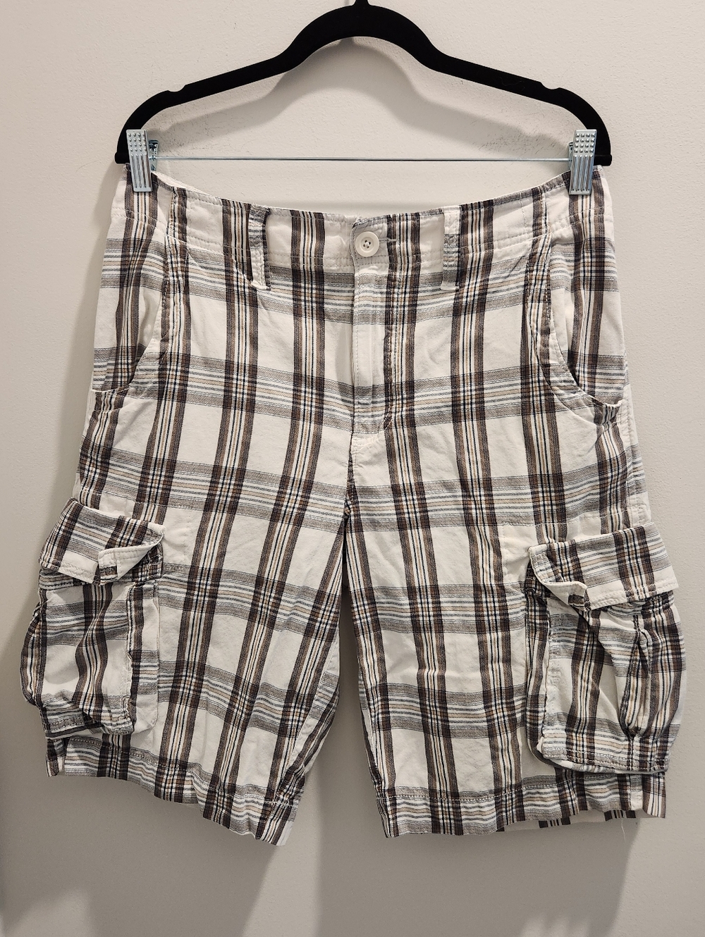 Y2K Men's Plaid 100% Cotton Cargo Shorts - White & Brown & Gray